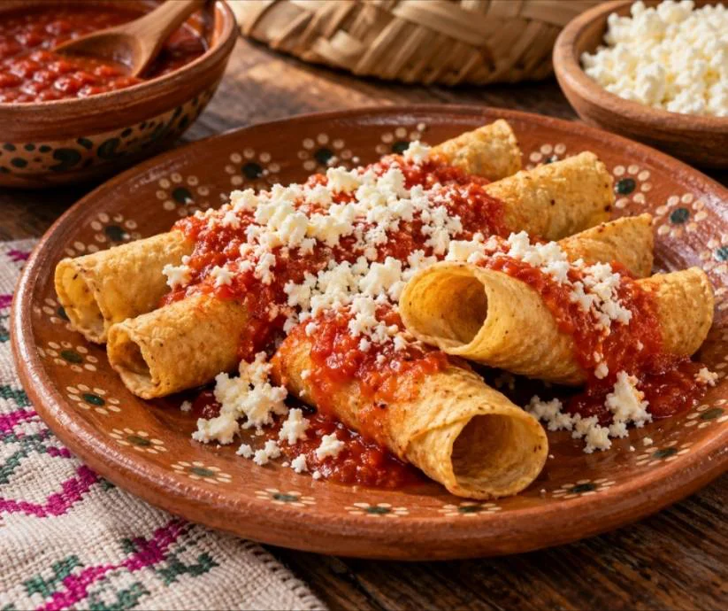 Codzitos yucatecos sin relleno, dorados y crujientes, servidos con salsa de chiltomate y queso