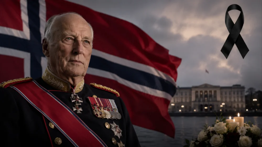 Harald V de Noruega murió este 28 de agosto de 2026 a los 89 años. La bandera noruega y el lazo negro simbolizan el duelo por el monarca que ocupó el trono durante más de tres décadas.