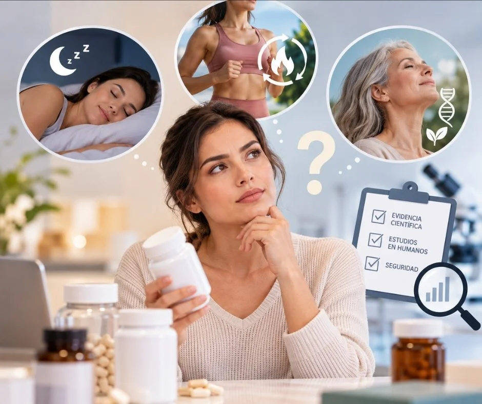 Mujer analizando posibles beneficios de los péptidos para la salud.