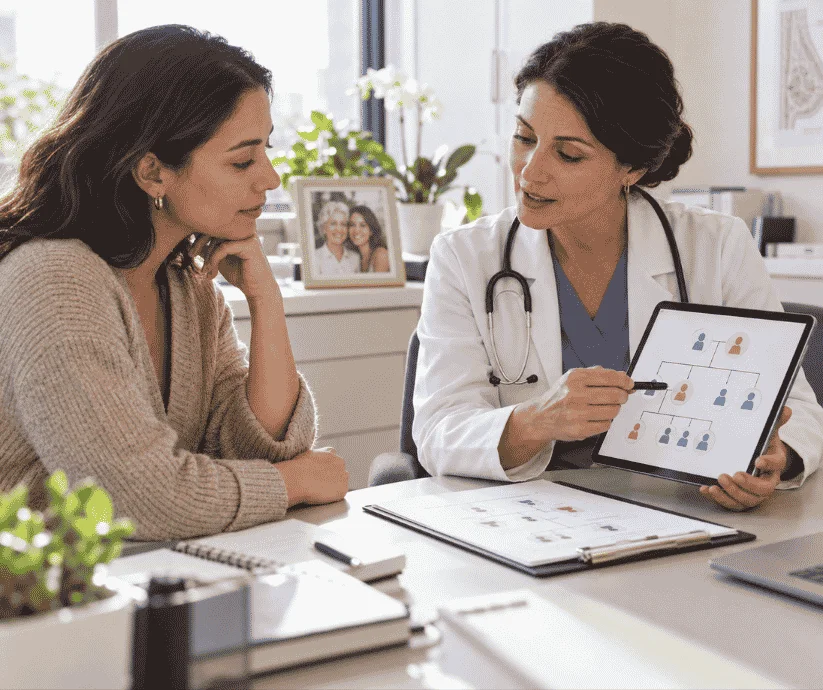 Médica explica a una paciente un árbol de antecedentes familiares durante una consulta para evaluar el riesgo