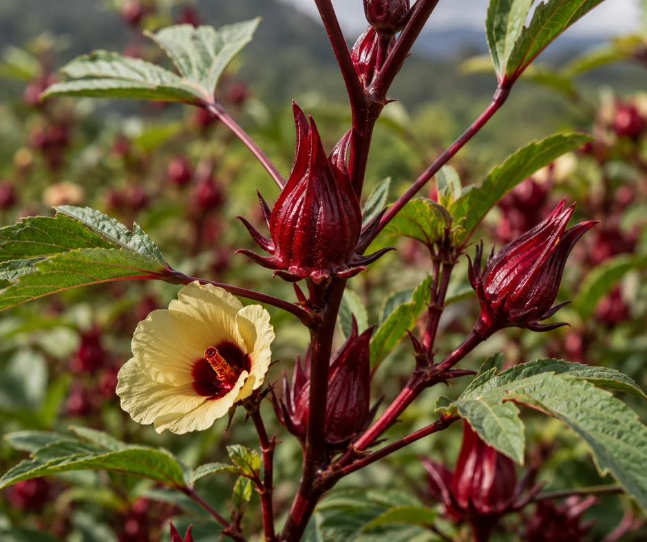 La planta de jamaica (Hibiscus sabdariffa) se distingue por sus tallos rojizos, su flor clara con centro oscuro y los cálices carnosos de color rojo intenso que se utilizan para preparar la infusión.