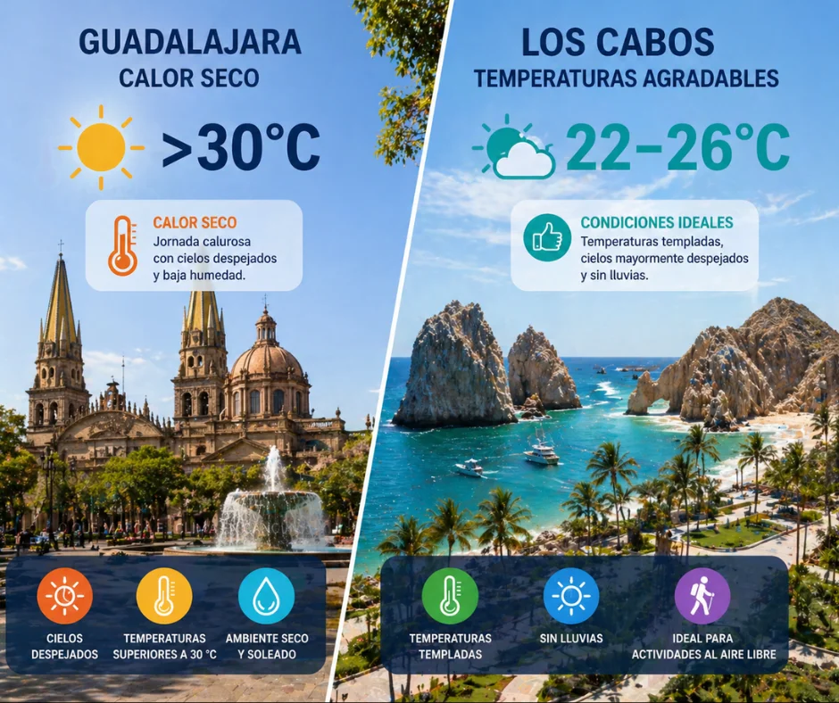 Occidente- Guadalajara y Los Cabos con calor seco