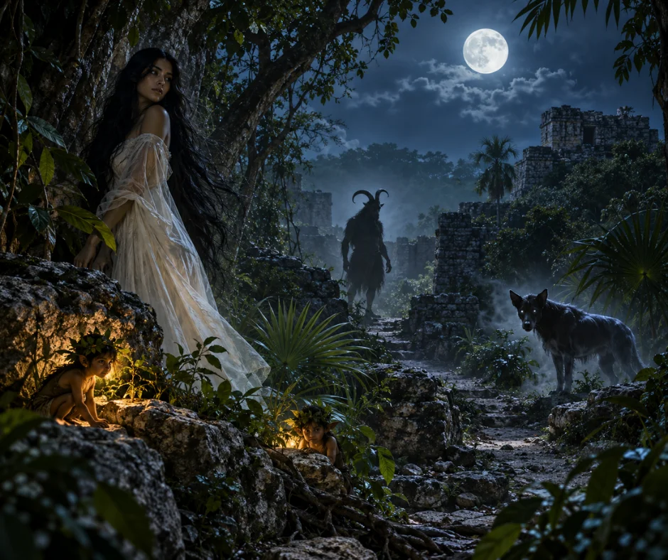Ilustración inspirada en los seres que habitan la tradición oral de Yucatán, donde el Huay Chivo comparte la noche con otras figuras legendarias como la Xtabay, los aluxes y el Huay Pek.