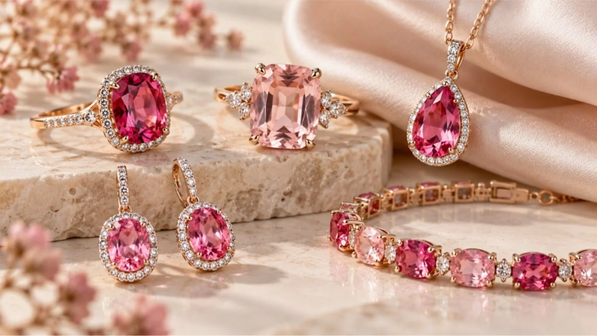 Joyas con turmalina, zafiro y otras piedras preciosas en diferentes tonos de rosa.