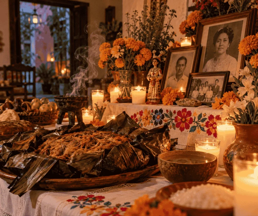Altar tradicional de Hanal Pixán en Yucatán con fotografías familiares, velas, flores, incienso y mucbipollo envuelto