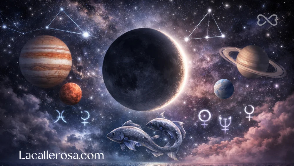 Luna nueva en Piscis marzo 2026 durante alineación planetaria nocturna