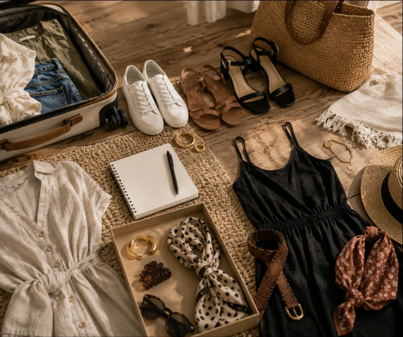Elegir primero el calzado ayuda a construir **una maleta más ligera y funcional**; accesorios pequeños como pañuelos, cinturones, joyería o gafas permiten transformar después las mismas prendas en distintos looks. 