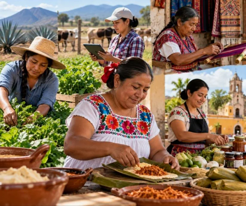 Collage de mujeres rurales mexicanas trabajando en el campo, preparando alimentos tradicionales, elaborando textiles.