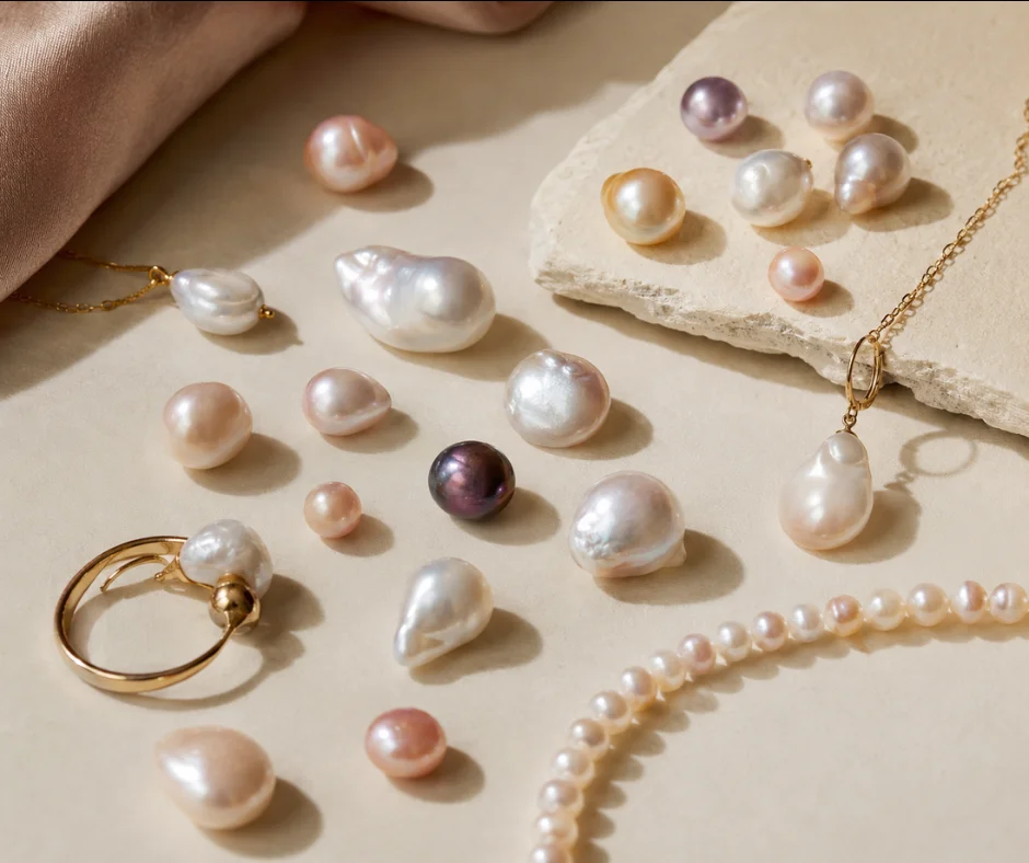Perlas barrocas, ovaladas y en tonos que van del blanco al rosa y lavanda muestran cómo la belleza de esta joya también está en sus formas imperfectas y naturales.