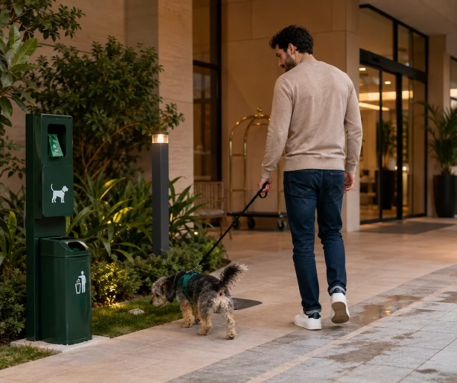 Un área exterior clara y accesible, con bolsas y contenedores disponibles, puede hacer mucho más cómoda la estancia de quienes viajan con perro. 