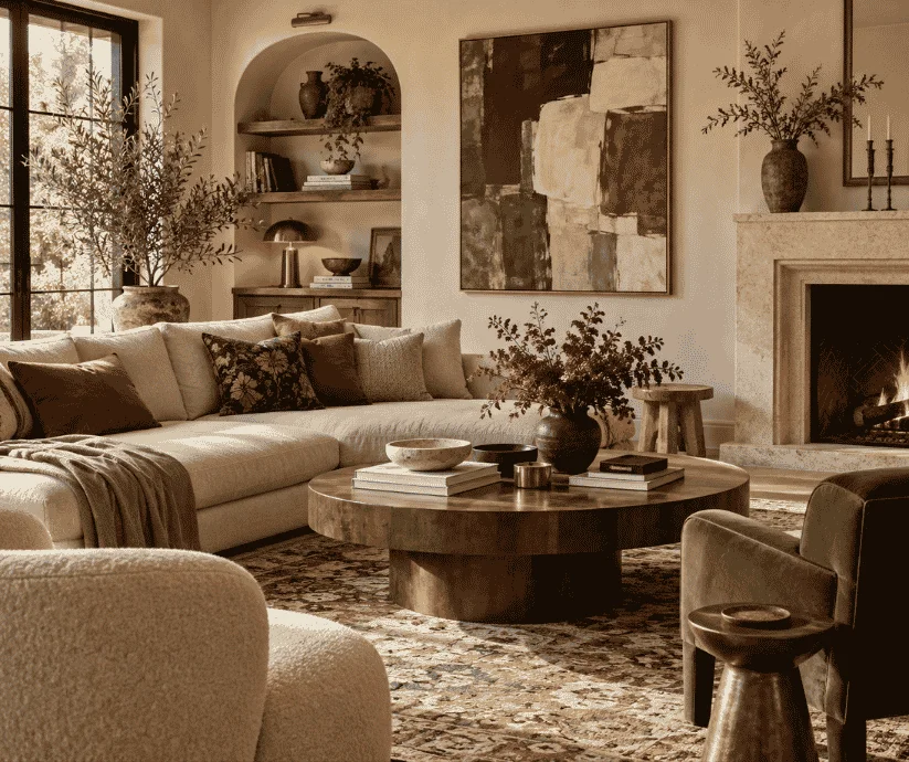 Sala contemporánea en tonos beige con sofá neutro, cojines de colores, alfombra estampada, muebles de madera