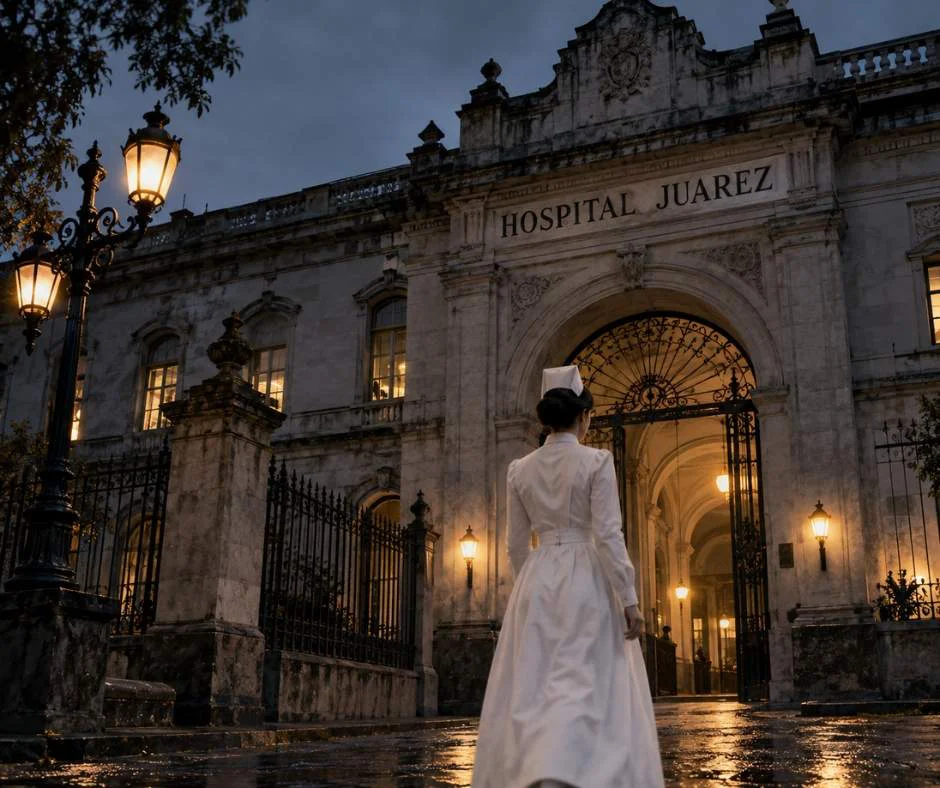 lRepresentación de La Planchada, enfermera vestida de blanco, frente a un hospital antiguo inspirado en el Hospital Juárez de México.
