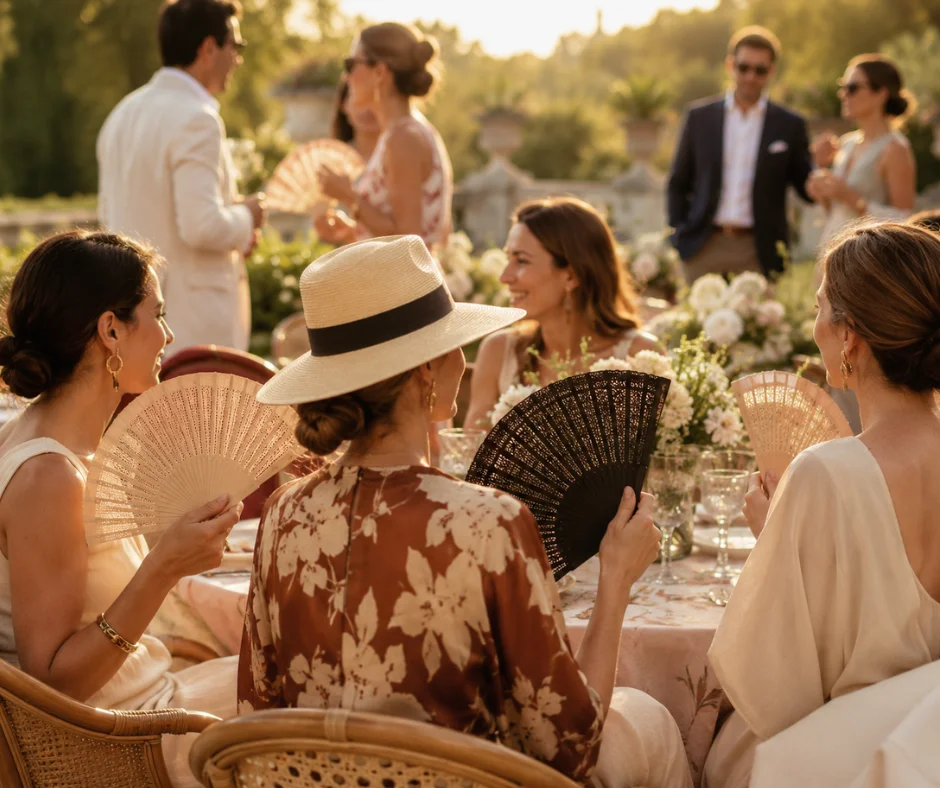 Una reunión al aire libre donde el abanico suma frescura, elegancia y personalidad a la tarde.