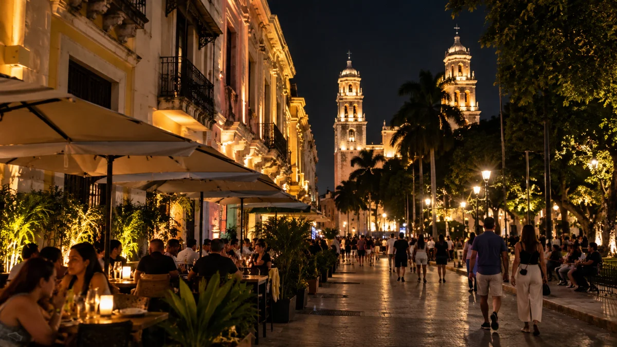 Mérida cambia de ritmo al caer la noche- calles iluminadas, terrazas, arquitectura histórica y una vida nocturna que puede ir de una caminata tranquila a una cena larga o una salida más animada.