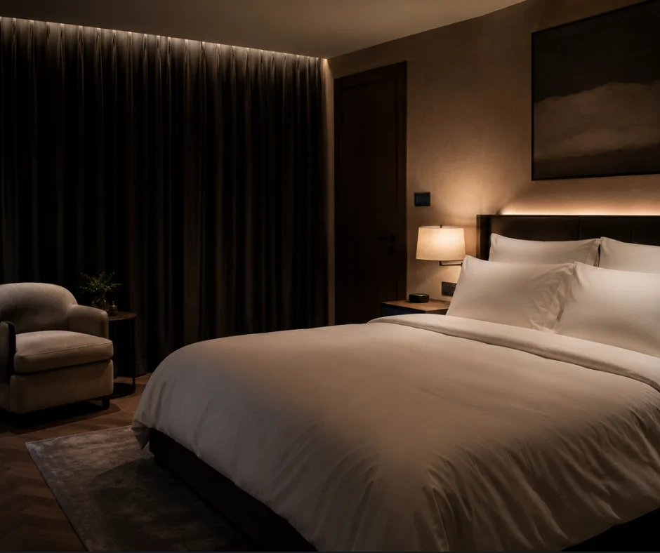 Una habitación pensada para descansar no necesita excesos- oscuridad, silencio, temperatura confortable y una cama adecuada siguen siendo la base de una buena noche.