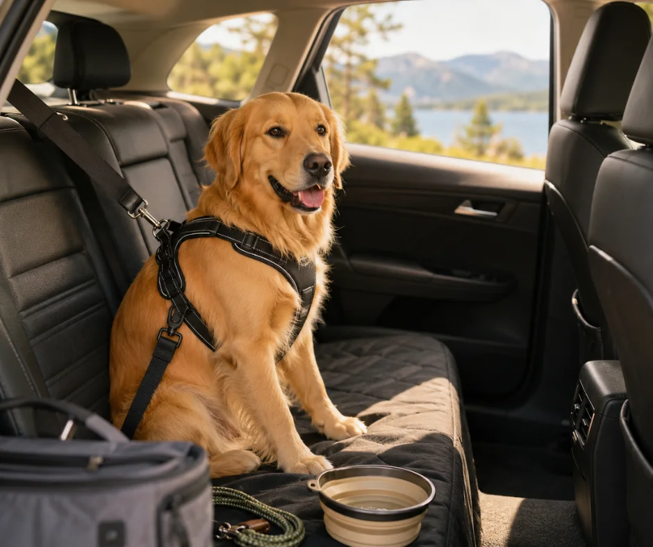 En carretera, el perro debe viajar correctamente sujeto con arnés o sistema de seguridad y tener acceso a agua y descansos durante trayectos largos.