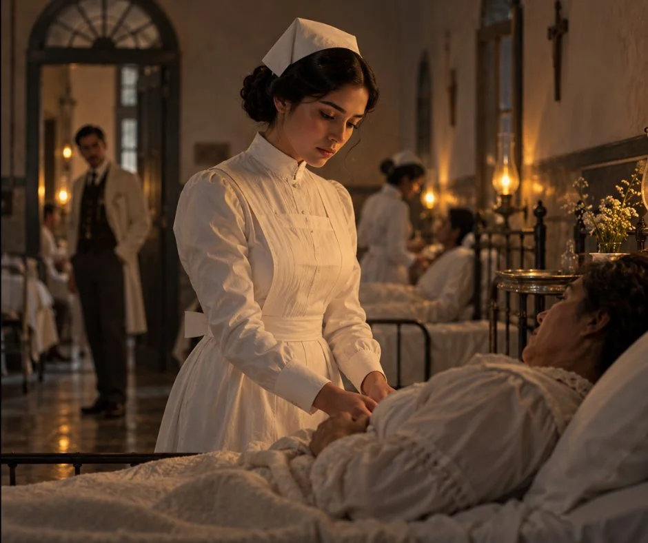 Recreación de Eulalia, la enfermera de la leyenda de La Planchada, atendiendo a una paciente en un antiguo hospital mexicano.