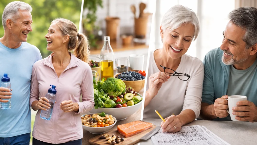 Hábitos diarios para proteger el cerebro en adultos realizando ejercicio y actividades mentales.