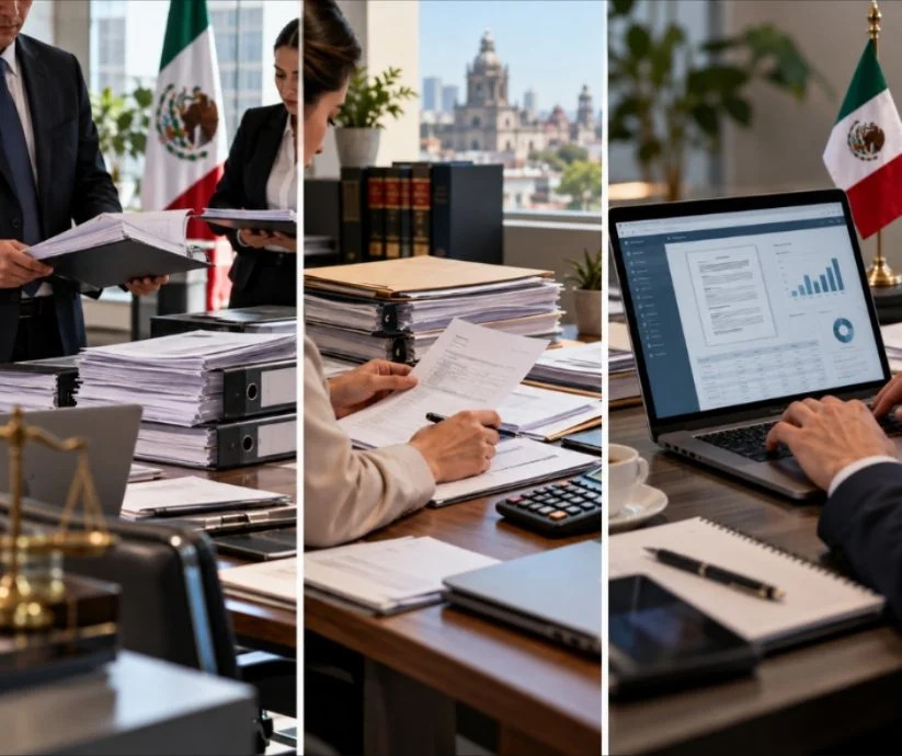 Imagen de tres tipos de revisión fiscal del SAT en México: visita domiciliaria, revisión de gabinete de gabinete y revis