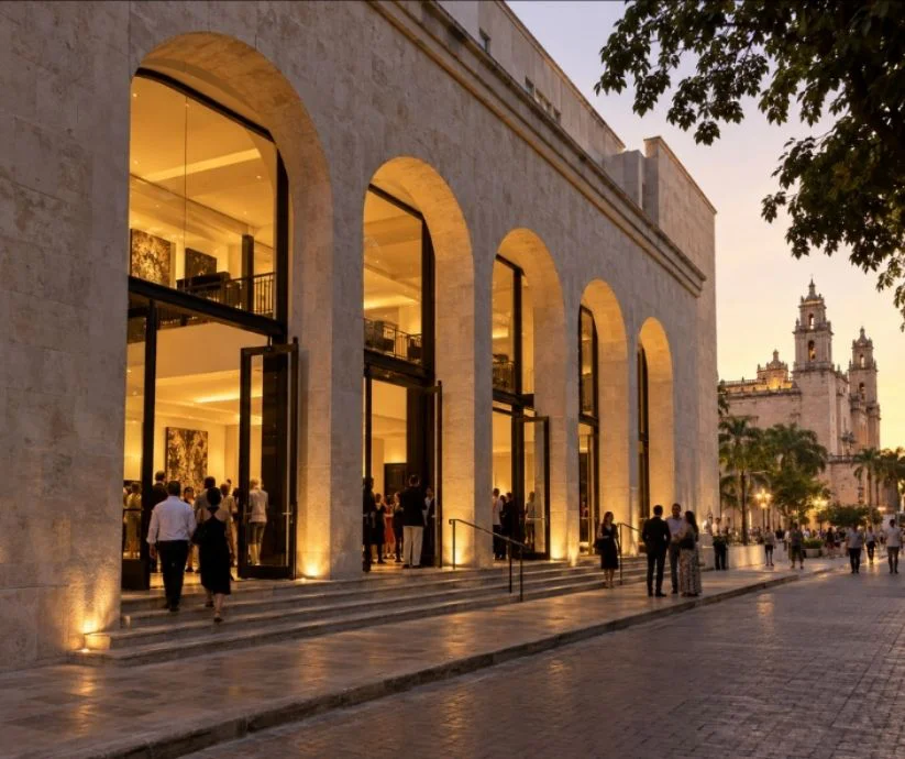 Recreación ilustrativa del Centro Cultural Olimpo de Mérida, Yucatán, con fachada de arcos iluminados al atardecer