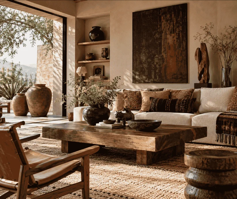Sala contemporánea con artesanía mexicana, piezas de barro negro, textiles estampados, mesa de madera maciza