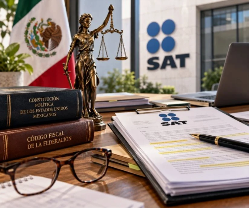 Constitución mexicana, Código Fiscal de la Federación y documentos del SAT sobre un escritorio jurídico