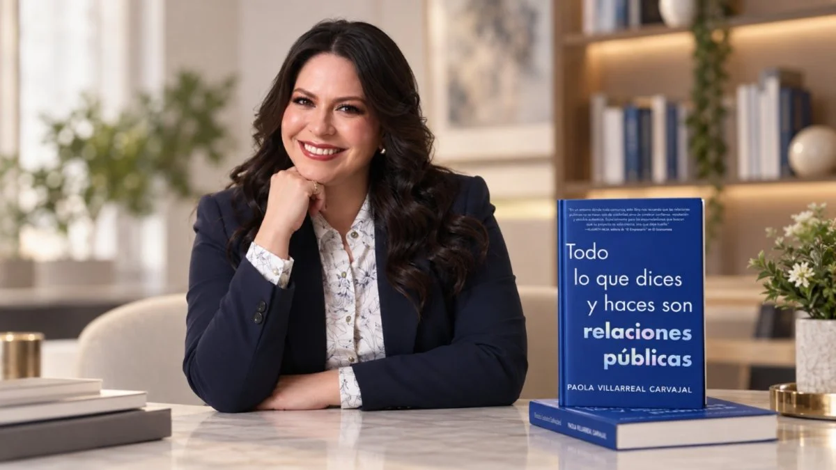 Paola Villarreal Carvajal junto a su libro Todo lo que dices y haces son relaciones públicas.
