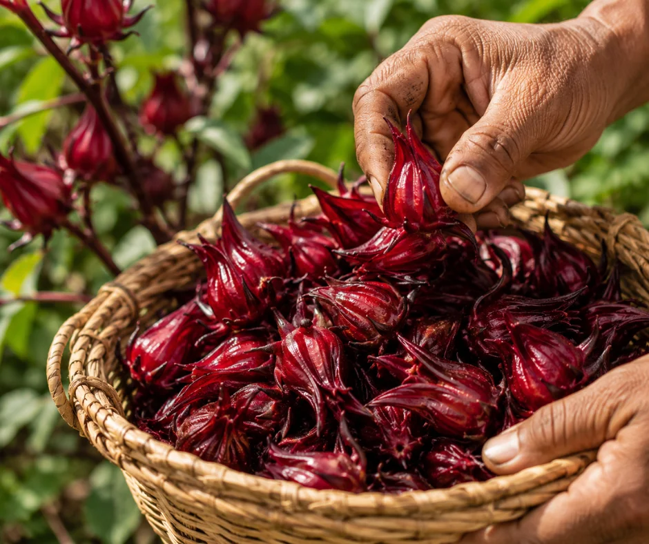 La cosecha de los cálices de jamaica se realiza cuando alcanzan su color rojo intenso y su máxima carnosidad, momento ideal para secarlos o utilizarlos en la preparación de infusiones y aguas frescas.