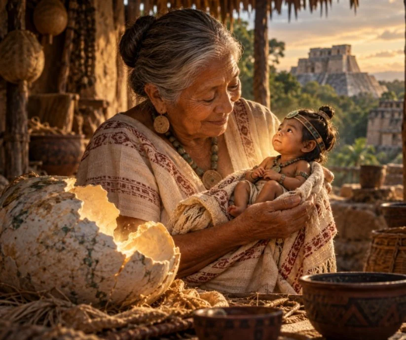 Ilustración de una anciana maya sosteniendo a un niño diminuto junto a un huevo roto.