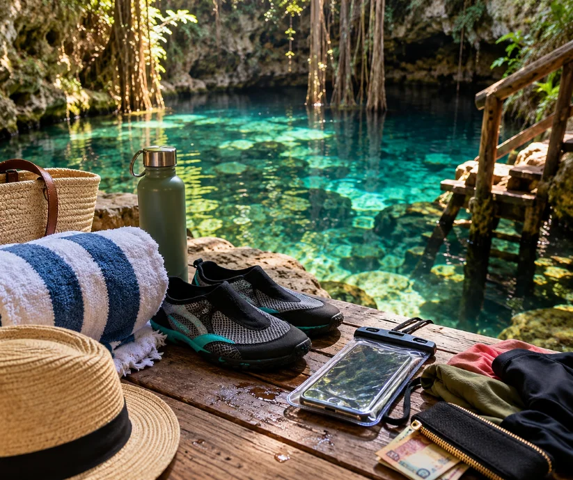 Toalla, agua, calzado adecuado y lo básico bien pensado- en un cenote, ir preparada también es parte de disfrutar la experiencia.
