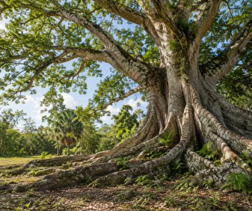 Ceiba monumental con tronco robusto, raíces extendidas y grandes ramas