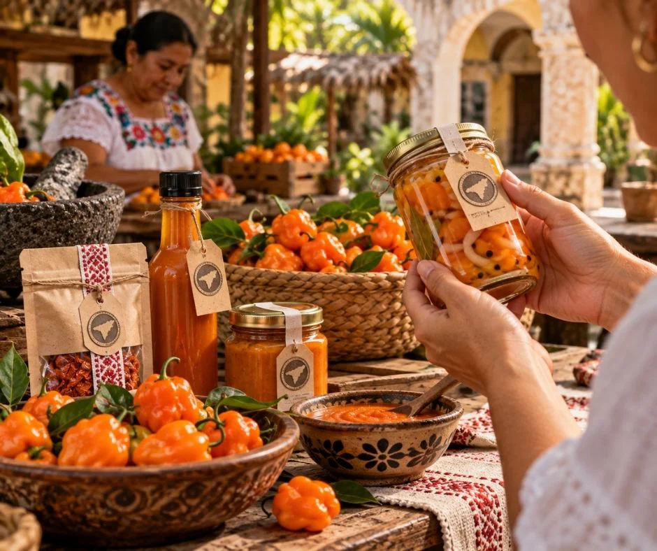 Consumidora examina un frasco de chile habanero junto a salsas y productos artesanales en un mercado.