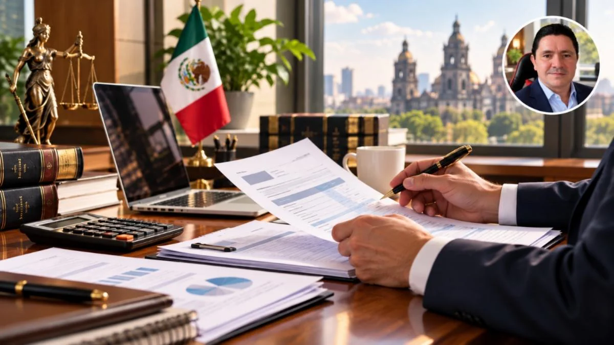 Documentos fiscales en revisión en un despacho jurídico, con fotografía circular del abogado Antonio Nazar Sol.