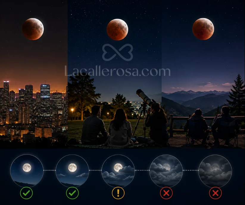 Elegir un lugar con el cielo despejado y pocos obstáculos puede transformar la experiencia de observar un eclipse lunar; las nubes, en cambio, pueden convertirse en el principal impedimento. 
