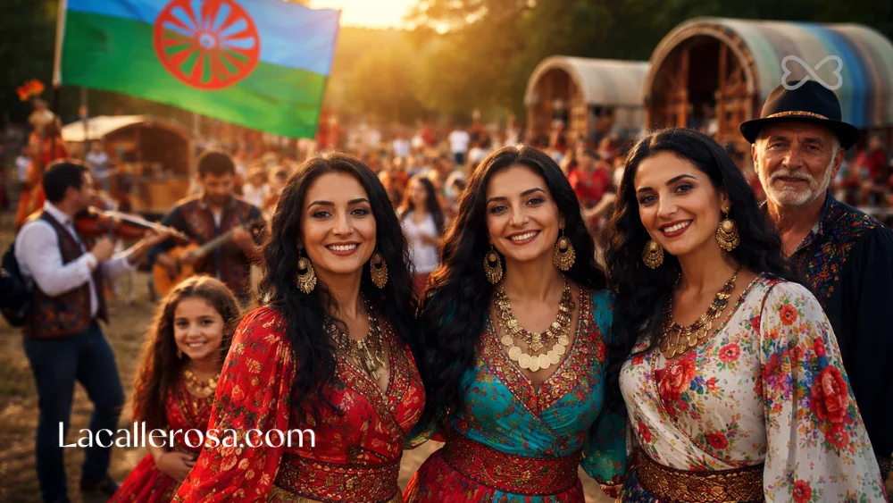 Día Mundial del Pueblo Gitano con bandera tradicional ondeando en evento cultural