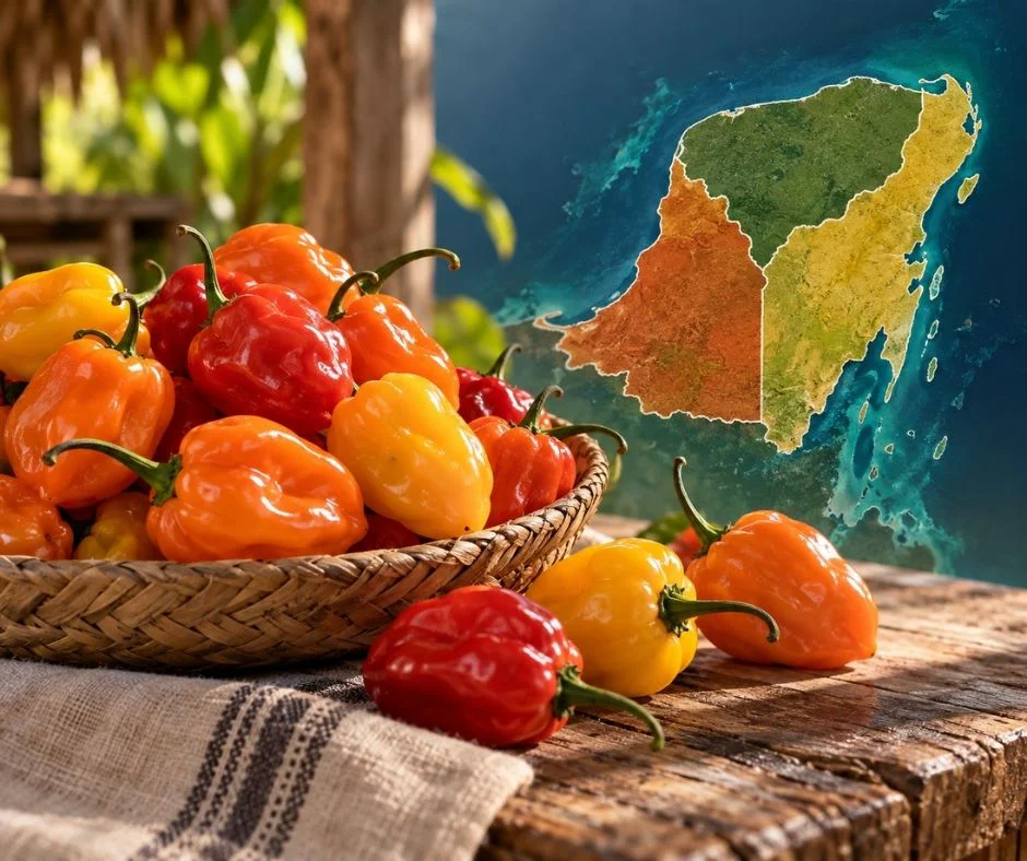 lustración de chiles habaneros rojos, naranjas y amarillos junto a un mapa de la península de Yucatán.
