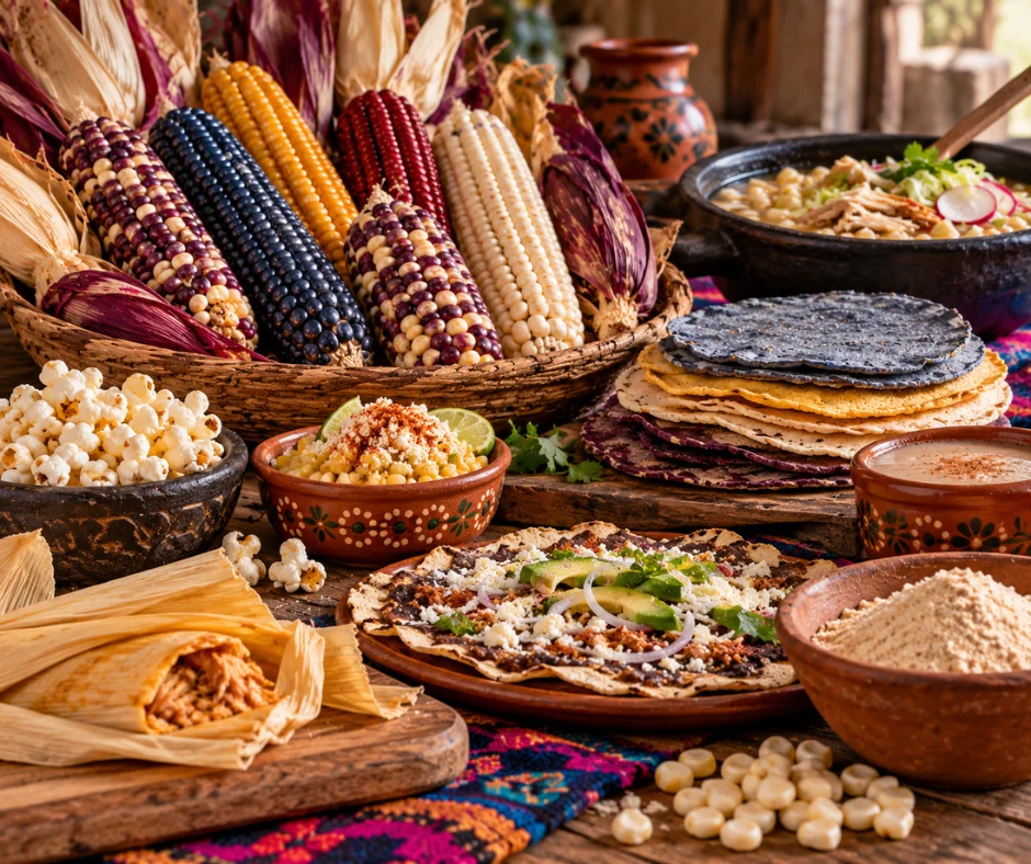El color del maíz no es sólo una cuestión visual. La diversidad de granos mexicanos está ligada a distintas texturas, sabores y preparaciones, desde tortillas y tamales hasta pozole, pinole, palomitas, tlayudas y bebidas tradicionales.