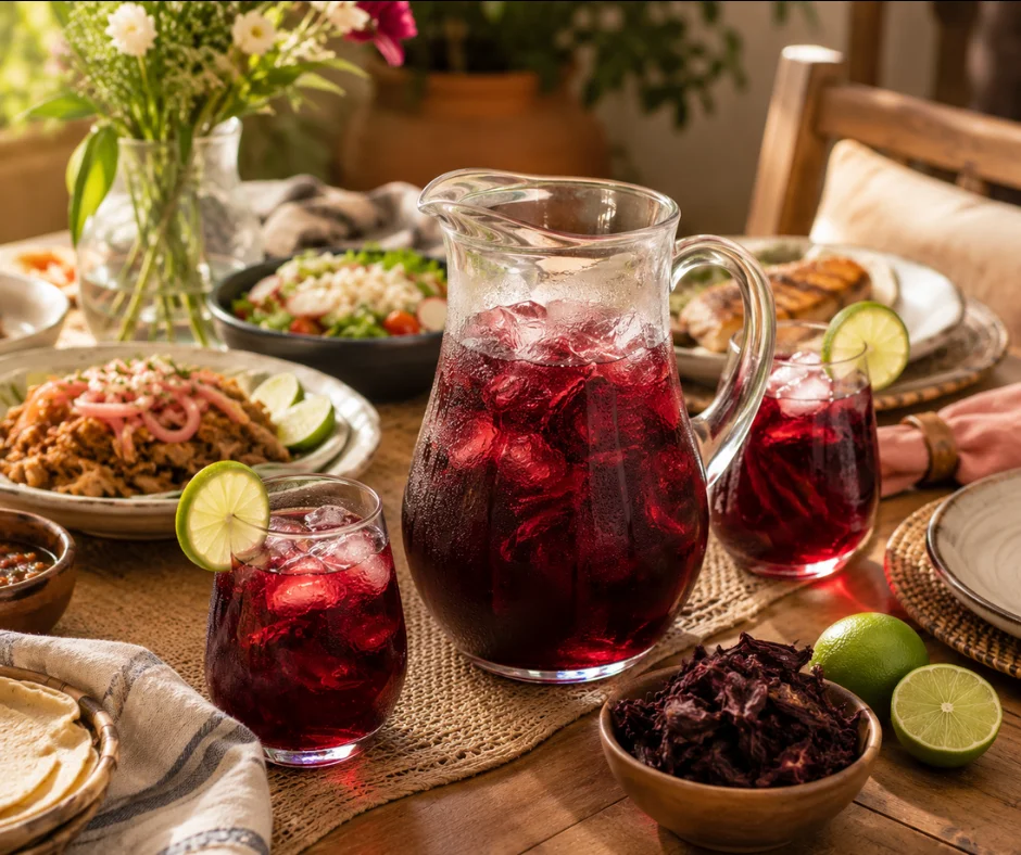 El agua de jamaica acompaña con naturalidad desde una comida familiar hasta una mesa elegante, gracias a su frescura, acidez y versatilidad.