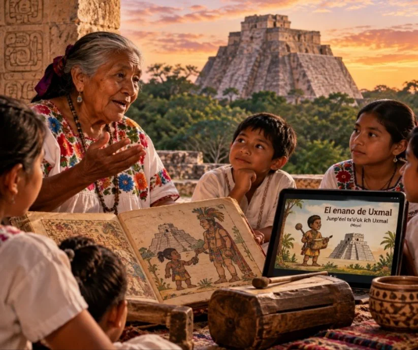 Ilustración de una anciana maya narrando la leyenda del enano de Uxmal a varios niños.