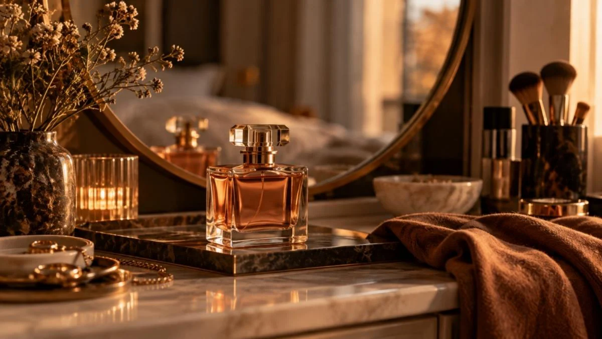 Frasco de perfume de cristal con líquido ámbar sobre un tocador de mármol, acompañado de accesorios de belleza.