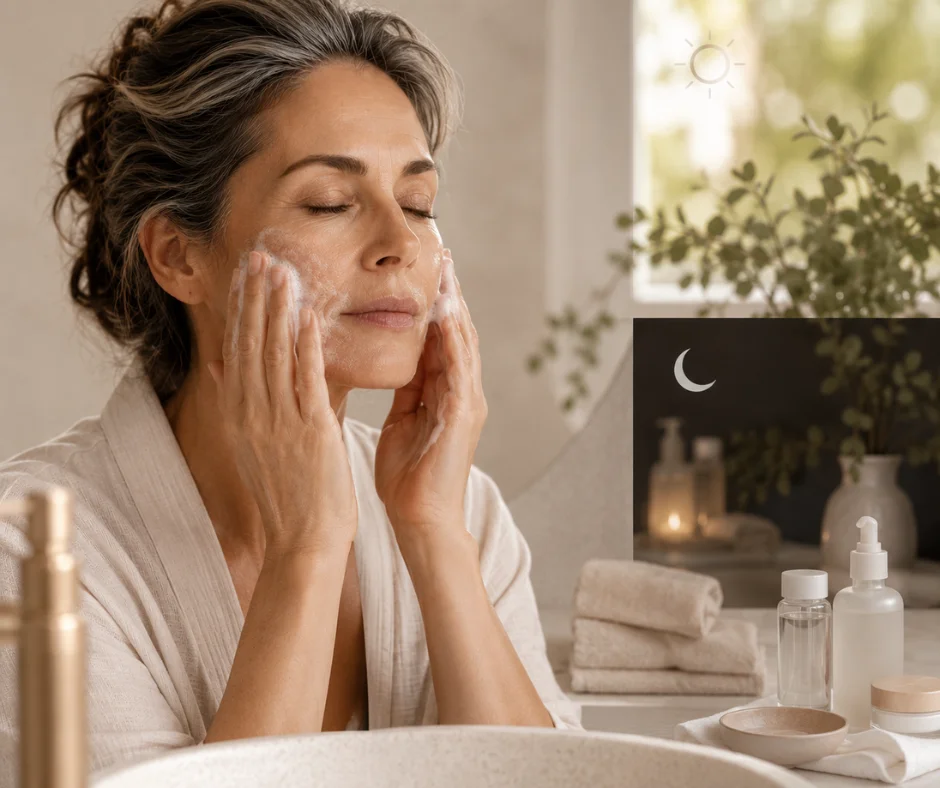 Una limpieza suave protege la barrera natural de la piel y ayuda a mantener la hidratación que necesita durante la menopausia.