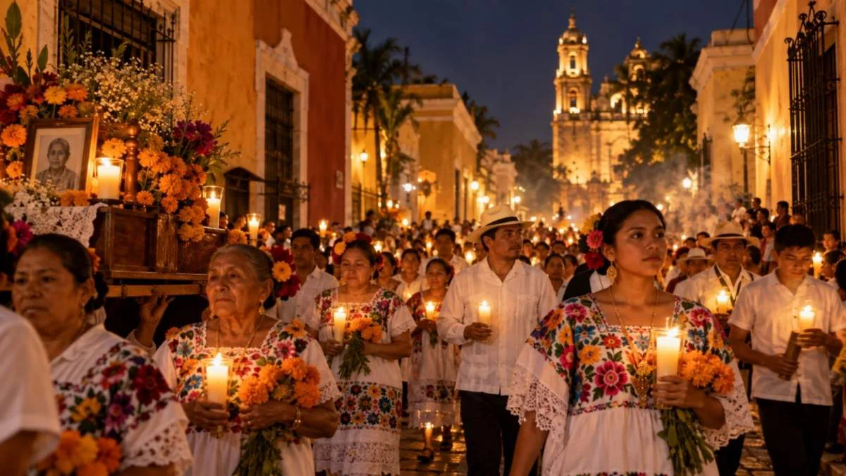 Participantes del tradicional Paseo de las Ánimas en Mérida, una de las celebraciones culturales del Hanal Pixán