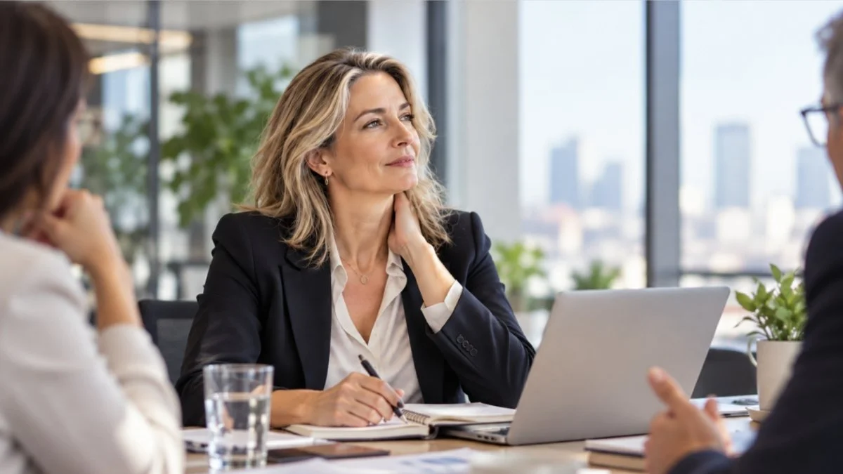 Mujer profesional de aproximadamente 50 años participa en una reunión de trabajo en una oficina moderna