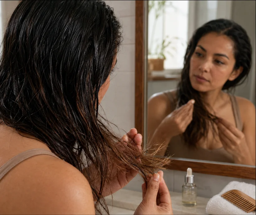 El exceso de aceite puede dejar el cabello pesado y grasoso sin resolver la sequedad ni reparar las puntas abiertas.