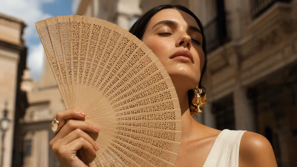 El abanico demuestra que la elegancia también puede ser la forma más inteligente de enfrentar el calor. 
