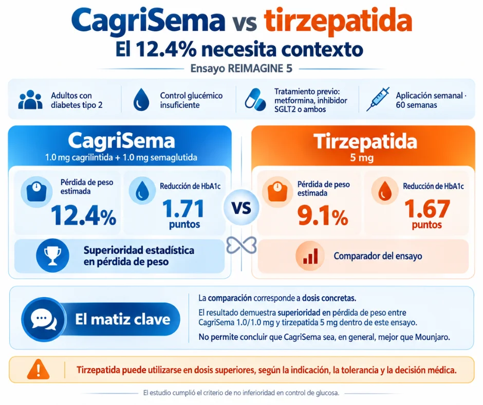 Resultados del ensayo REIMAGINE 5- CagriSema 1.0:1.0 mg mostró una pérdida de peso estimada de 12.4% a 60 semanas, frente a 9.1% con tirzepatida 5 mg.