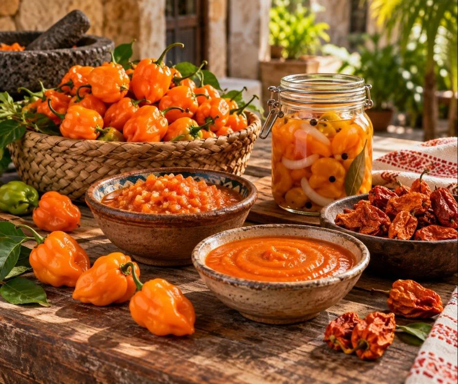 Chiles habaneros frescos y procesados en salsa, puré, encurtido y deshidratado.