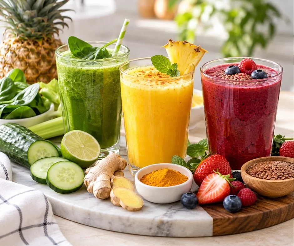 Licuados naturales preparados con piña, espinacas, pepino, jengibre, cúrcuma, frutos rojos y linaza.