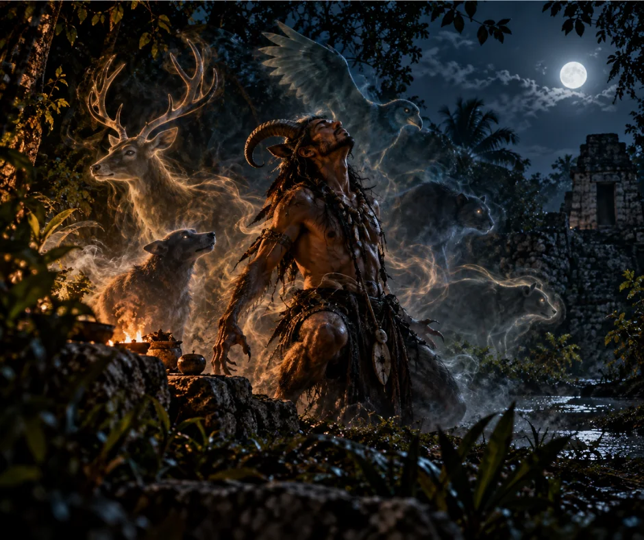 Ilustración inspirada en la tradición de los uayes de Yucatán, seres sobrenaturales asociados en la tradición oral con hechiceros capaces de adoptar distintas formas animales.