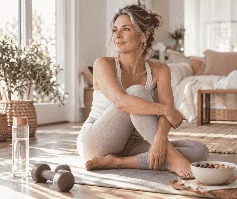 Mujer de mediana edad con ropa deportiva sentada sobre una colchoneta de ejercicio, junto a unas mancuernas